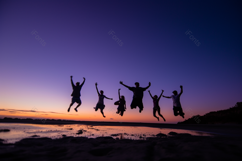 浩瀚天空下海边青春年轻人团队剪影摄影图,高清,摄影图,摄影图片,图片大全,摄影图免费下载